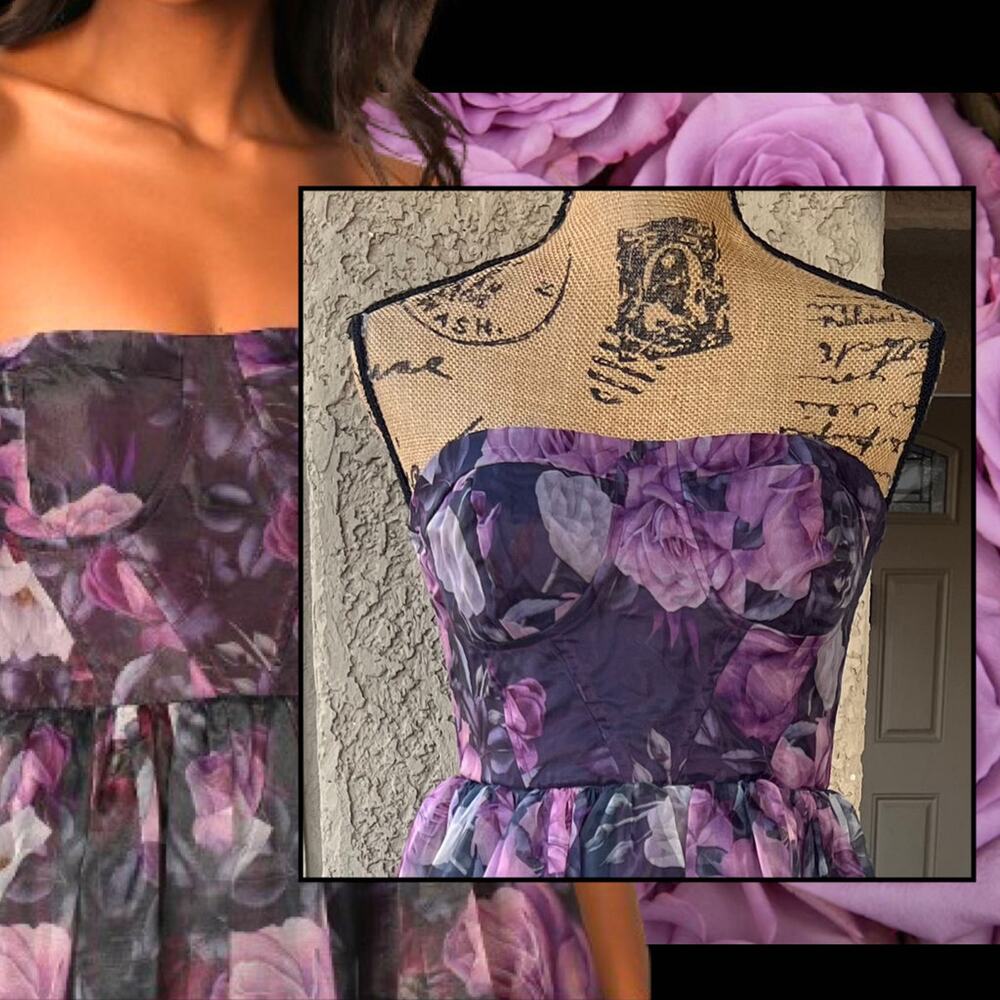 Lulus Strapless Bustier Purple Floral Print Wonderful Waltz Maxi Dress Size M - Picture 5 of 15